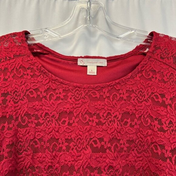 DB Established 1962 Womens Blouse Red Floral Lace Long Sleeve Lettuce Edge L - Picture 3 of 11